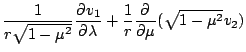 $\displaystyle \frac{1}{r \sqrt{1-\mu^2} } \DP{v_1}{\lambda}
+ \frac{1}{r} \DP{}{\mu}( \sqrt{1-\mu^2} v_2 )$