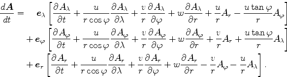 \begin{align*}\begin{split}\DD{\Dvect{A}}{t} & = \quad \Dvect{e}_{\lambda} \left...
...rac{v}{r} A_{\varphi} - \frac{u}{r} A_{\lambda} \right]. \end{split}\end{align*}
