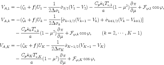 \begin{align*}\begin{split}{V_A}_{,1} & = - ( \zeta_1 + f ) U_1 - \frac{1}{2 \De...
...u^2) \DP{\pi}{\mu} + {\cal F}_{\varphi, K} \cos \varphi, \end{split}\end{align*}