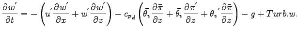 $\displaystyle \DP{w^{'}}{t} =
- \left(
u^{'} \DP{w^{'}}{x}
+ w^{'} \DP{w^{'}}{z...
...v}} \DP{\pi^{'}}{z}
+ {\theta_{v}}^{'} \DP{\bar{\pi}}{z}
\right)
- g
+ Turb.w .$