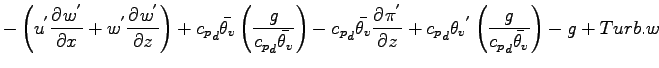 $\displaystyle - \left(
u^{'} \DP{w^{'}}{x}
+ w^{'} \DP{w^{'}}{z}
\right)
+ {c_{...
...eta_{v}}^{'}
\left( \frac{g}{{c_{p}}_{d} \bar{\theta_{v}}} \right)
- g + Turb.w$