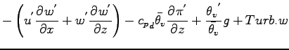 $\displaystyle - \left(
u^{'} \DP{w^{'}}{x}
+ w^{'} \DP{w^{'}}{z}
\right)
- {c_{...
...eta_{v}} \DP{\pi^{'}}{z}
+ \frac{{\theta_{v}}^{'}}{\bar{\theta_{v}}} g
+ Turb.w$