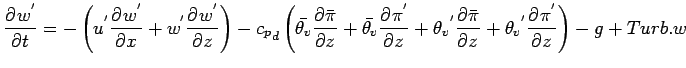 $\displaystyle \DP{w^{'}}{t} =
- \left(
u^{'} \DP{w^{'}}{x}
+ w^{'} \DP{w^{'}}{z...
...}^{'} \DP{\bar{\pi}}{z}
+ {\theta_{v}}^{'} \DP{\pi^{'}}{z}
\right)
- g
+ Turb.w$