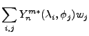 ${\displaystyle \sum_{i,j} Y_n^{m*}(\lambda_i,\phi_j)w_j}$